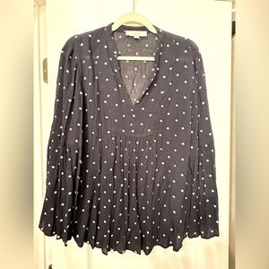 LOFT Womens Crinkled Embroidered Blouse Size M Navy Long Bell Sleeve V-Neck